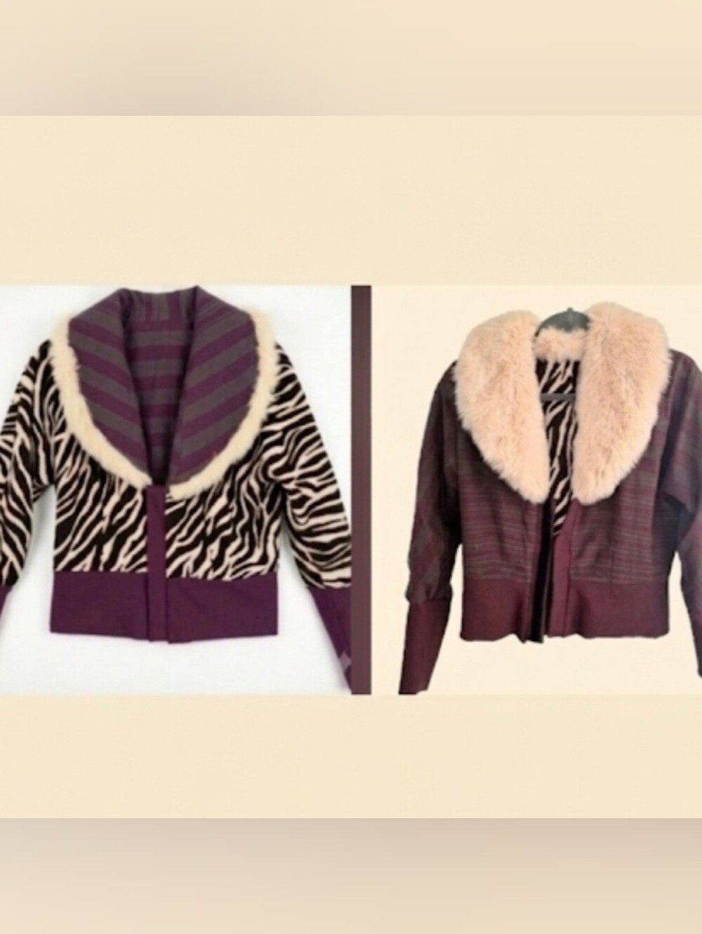 Reversible Plush Zebra/Cotton Striped Faux Fur Collar Jacket Knit Cuffs M